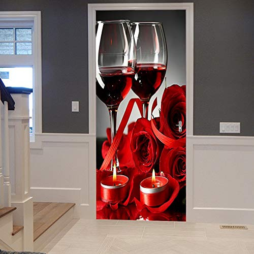 A.Monamour Türtapete Selbstklebend Türfolie Türposter 3D Zwei Gläser Rotwein Rote Rosen Kerzen Valentinstag Romantisch Vinyl Folie Türdeko Tapete Wandbild Türaufkleber Türtattoo 77 x 200 cm