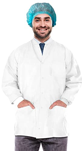 EZGOODZ Disposable Lab Jacket, 31 Inches Long. Pack of 10 White Hip-Length Workwear Large. SMS 50 gsm Disposable Shirts with Snaps Front, Knit Cuffs & Collar, 3 Pockets. Unisex PPE Coat