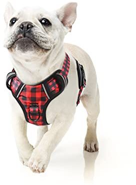 HEELE Harnais Chien Réfléchissant, Anti Traction, avec Poignée Rembourrée Contrôl, 2 Anneaux Métal, Harnais pour Petit Moyen et Grand Chien, Noir-Rouge Plaid, S