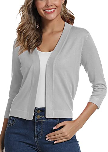 Elegante 3/4 Manga Sólido Cárdigan para Mujer (L, Claro Gris)