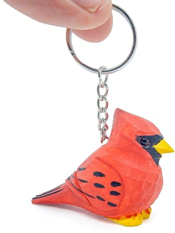 Selsela Cardinal Keychain Ring Clip Charm Red Bird Miniature Wood Mini Figurine Small Animal