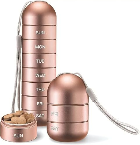 Pilulier en métal – Pilulier hebdomadaire étanche 7 jours avec grands compartiments pour pilules, vitamines, compléments – Pilulier de voyage portable pour la randonnée et un usage quotidien (or rose)