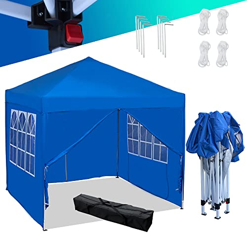 Mingone Fällbar paviljong vattentät paviljong 3 x 3 m festtält popup trädgårdstält piletält PE öltält UV-skydd 50+ festtält med 4 sidodelar, blå