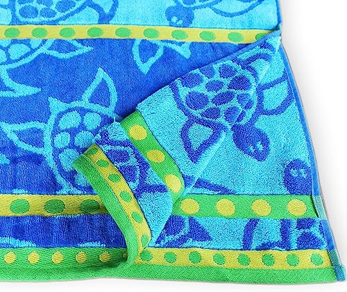 Bentley Priory Linens Large Size Beach Towel, for sun lounger. Soft velour cotton with quick dry terry towel reverse (TURTLES BLUE)