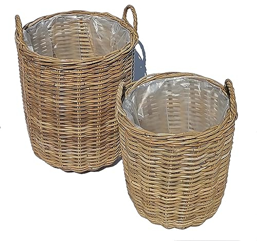 Rattan Korb RIMINI 2er Set rund mit Henkel aus Natur-Rattan geflochten | Boho Chic Weidenkorb mit Folie ausgelegt | Flechtkorb Obstkorb | Allzweckkorb Pflanzkorb Blumenkorb | CV604