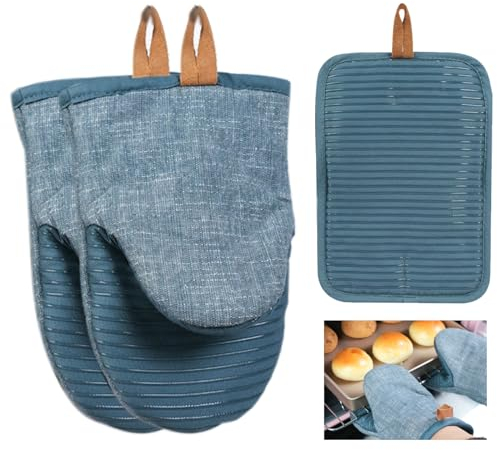 Nizirioo 2er Set Ofenhandschuhe, Anti-Rutsch Silikon Gestreift Topfhandschuhe mit Topflappen, Backhandschuhe Hitzebestaendig bis zu 260°C, für Kochen Grillen Backen(Blau)