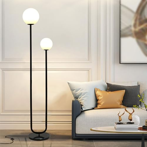 Wylolik Doppelte minimalistische Stehlampe weißes Glas Stehleuchte Fußschalter vertikale Lampe rostfreie Eisen-Tischlampe runde Kugel-Stehlampen für Schlafzimmer Nachttischlampen Wohnzimmer-Ambiente