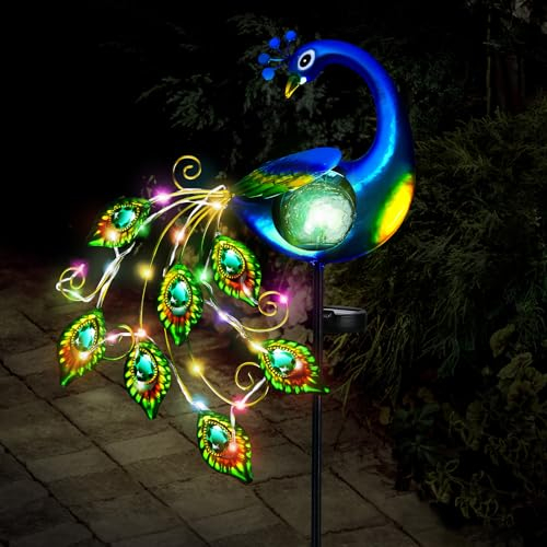 IEEILULU Luci Solari da Giardino, Pavone Solare Luci di Palo Metallo, Luce Notturna Pavone Prato Lampada, IP65 Esterni Impermeabili Lampada Percorso Palo Luce per Giardino Patio Decorazioni Giardino