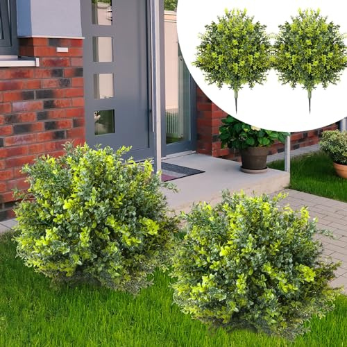 CroBlissful 2 Pack Artificial Boxwood Topiary Ball 24'' Faux Boxwood Tree with Ground Spike UV Resistant Evergreen Bush Fake Outdoor Plants for Front Door Porch Garden Yard Wedding Indoor Decor