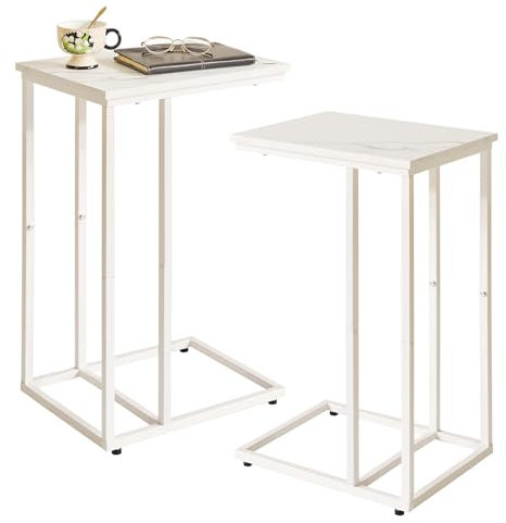 Aibiju 2 Stücke Kleiner Beistelltisch, Sofa Beistelltisch, Beistelltisch Wohnzimmer für Wohnzimmer Schlafzimmer, Weiße Marmorfarbe Holzbretter mit Weißem Metallrahmen, YD-TM051W-2