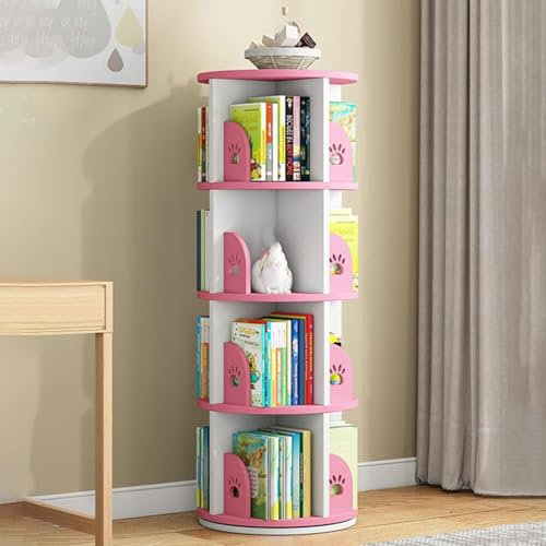 360° drehbares Bücherregal, Regal-Organizer für Schlafzimmer, Arbeitszimmer, 4-stöckiges rosa Eckregal (19,6 x 19,6 x 50,3 cm)