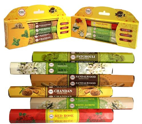 KMJ incense sticks - 16 Sticks x 6 Packs - Mixed Premium and Unique Flavors- Sandalwood Incense Sticks - Patchouli Incense Stick- Red Rose, Lily, White Jasmine and Chandan Incens Stiks