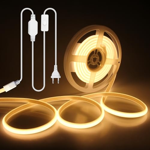 ALITOVE COB LED Streifen 230V Direktanschluss 3M Warmweiß 3000K LED Lichtband Außen 220V Stecker mit Schalter für Schlafzimmer Garten Terrasse Pool DIY-Beleuchtung und Heimdekoration