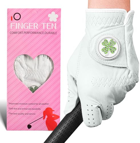 FINGER TEN Golf Gloves Women All Premium Cabretta Leather 1 Pack, Soft Comfortable & Breathable Grip Glove with Ball Marker Left Hand for Right Handed Golfer (Lucky Clover, Medium (Worn On Left Hand))