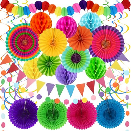 Fiesta Party Decorations - Easy to Assemble Multicolored Paper Fan Honeycomb Ball Garland Hanging Swirl for Mexican Party Cinco De Mayo Taco Themed Decorations Birthday Rainbow Parties