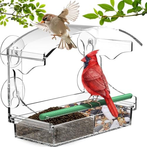 Clear Window Bird Feeder with 4 Strong Suction Cups, Sturdy and Durable Acrylic Bird Feeders for Small Birds only, as a Unique Bird Watching Gift, Outdoor Bird Feeder, and Garden Decor