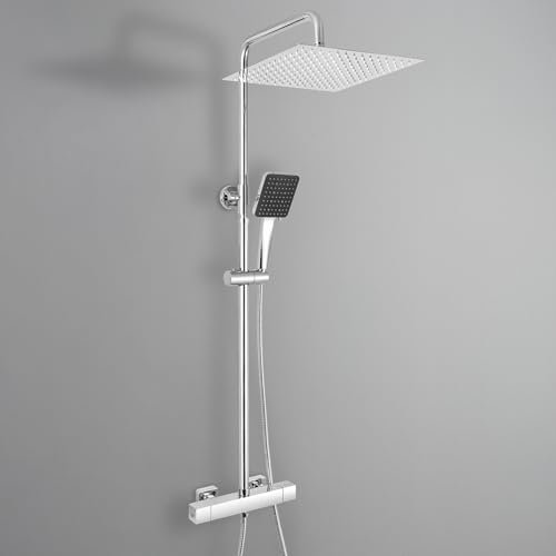 DERW Thermostatic Shower Mixer Set with 12 Square Rainfall Shower Head(304 Stainless Steel), 6 Modes Square Shower Head with Rotating Bracket, Anti-Leak Hose, Anti-Scald,Easy Install (Chrome)