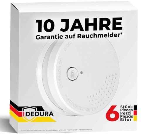 Rauchmelder 6er Set - 10 Jahre Garantie mit 9V Batterie austauschbar - nach DIN EN14604 von BSI zertifizierter Feuermelder, Rauchwarnmelder und Brandmelder