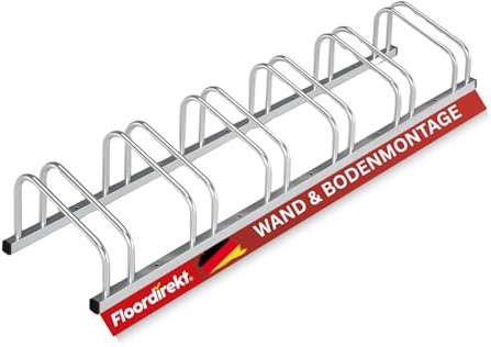 Floordirekt Fahrradständer für 6 Fahrräder mit Reifenbreiten bis 55 mm Eisen Fahrradhalter Aufstellständer für Boden- oder Wandmontage | Radständer 204 x 33 x 26,5 cm (Silber)