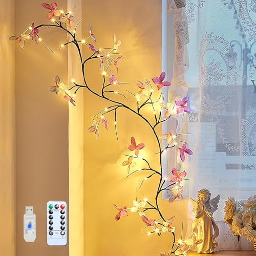 Gresoinc - Luces de ramas de árbol para pared, alimentadas por USB, 8 modos, luz blanca cálida con temporizador remoto, regulable, flexible, sauce, vid, floral, decoración de primavera (mariposa, 36