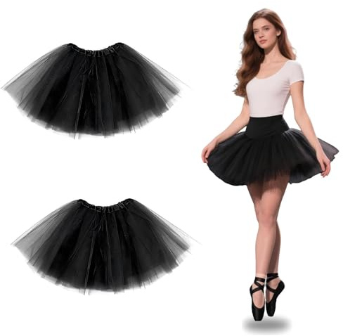 HUSHRICH 2Pcs Women's Tulle Skirt Teen Adult Black Elastic 3 Layered Tulle Tutu Skirt for Dress-up Ballet Dancing Skirts Halloween 80's Costume for Women and Teens