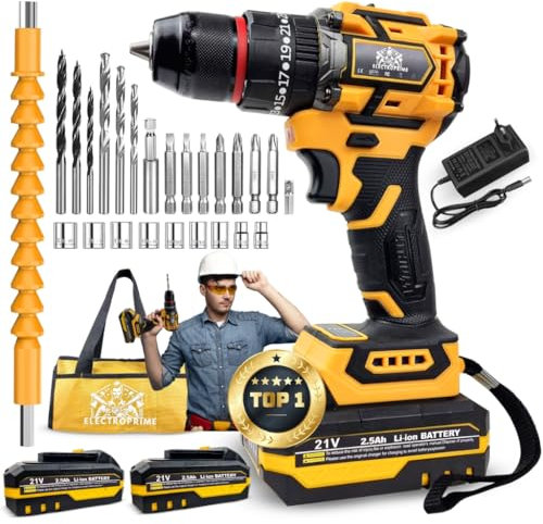 ElectroPrime© Taladro Percutor a Bateria 21V 2x Baterias 2500mAh 65Nm Puntera Acero| 24 Accesorios | Taladro Atornillador | 25 + 3 Ajuste Par | 2 Velocidades | Aparafusadora Destornillador Inalambrico