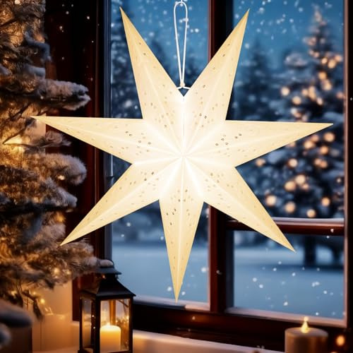 BUOAZR Stelle di Carta da Appendere 60 cm, Stelle di Carta 3D Luminose, Decorazione Lanterna Origami da Appendere per Natale, Matrimoni, Compleanni, Feste (Bianco)