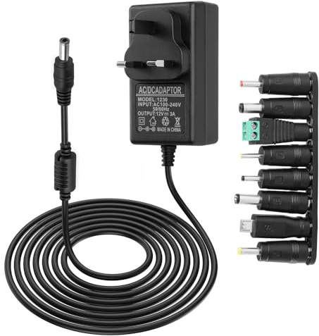 Universal 12V 3A Power Supply Adapter 36W AC to DC 100-240V 50/60Hz 5.5x2.1mm with 8 Replacement Tips Multi Plug Charger for Camera LED Strip Lights Router Monitor TV Box Printer Laptop