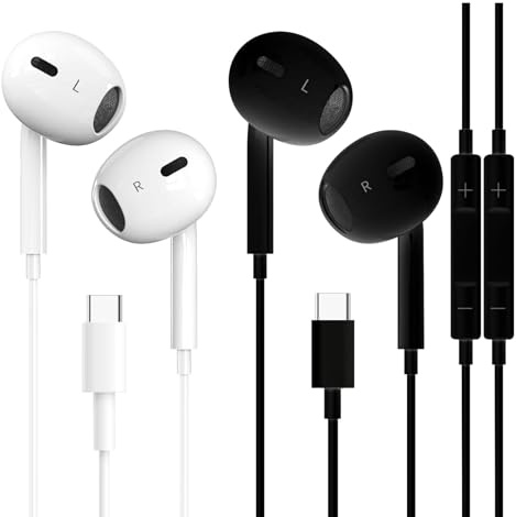 Lot de 2 écouteurs filaires USB C pour Apple iPhone 17, 16, 15, de type C avec microphone et suppression du bruit pour iPhone 17, 16, 15 Pro Max, iPad Pro, Galaxy S25 S24 Ultra, Pixel 9 (blanc et noir