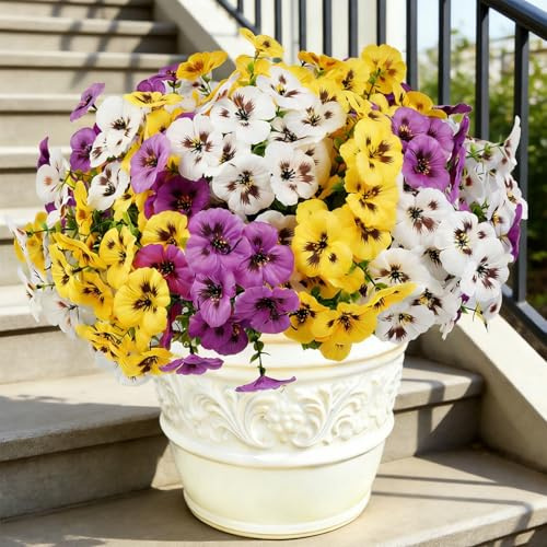Homcomodar 6 Pcs Artificial Flowers for Outdoors Mixed UV Resistant Pansy Flowers Silk Faux Flowers Plants for Outdoor Porch Spring Garden Decor Window Boxes Patio(Yellow+White+Purple)