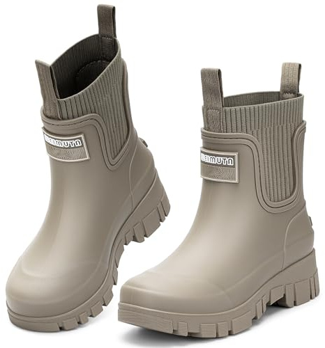 FOGOIN Women Chelsea Rain Boots Mid-Calf Waterproof Lightweight Non-Slip Garden Booties Warm Lined Comfortable Slip On