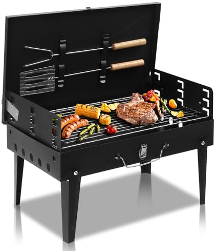 LEADZM Holzkohlegrill mit Deckel - Klappgrill für Camping & Picknick, L44×B27×H22 cm - Quadratischer Outdoor-Grill inkl Gabel- und Spatel-Komplettset - Schwarz