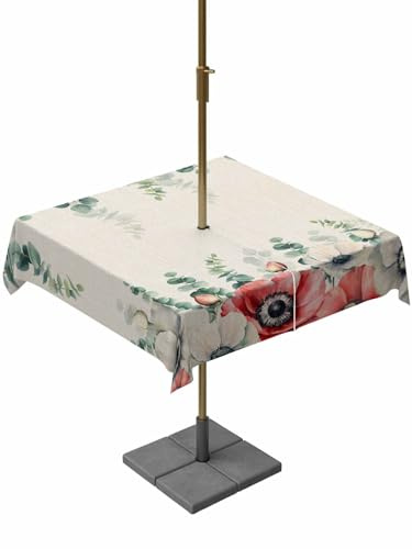 Eucalyptus Leaves Opium Poppy Outdoor Tablecloth with Umbrella Hole and Zipper Spring Flower Plants Linen Texture Waterproof Square 60x60 Inch, Table Cloth Cover for Outside Picnic Patio BBQS Garden