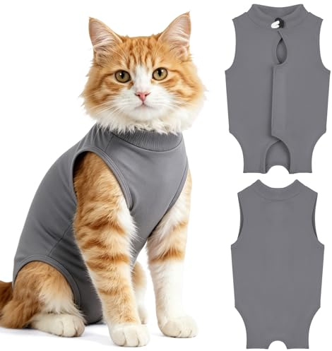 OFFCUP Combinaison de Récupération, 2 PCS Body Chat Post Operatoire, Gilet de Récupération de Chat Femelle Male, Protection Contre Le Léchage Convient Plaies Abdominales ou Maladies de Peau, Gris/M