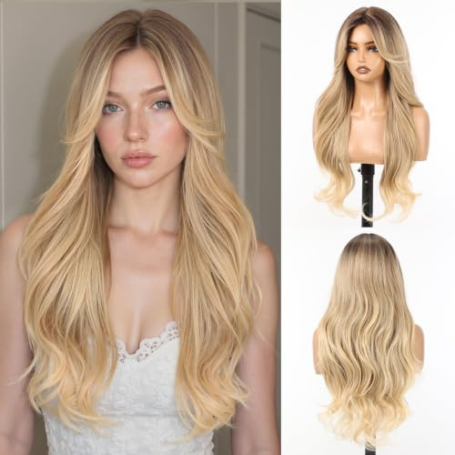 Allbell rotblond ombre syntetisk nätperuk för kvinnor, 71 cm långa våglockar peruk med gardinpony, naturligt medium hårfäste limfri trend ombre stil