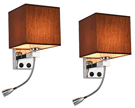 KTOL Lot De 2 Col De Cygne Lampe De Lecture Lampe De Chevet Par Commutateur, Led Blanc Chaud Applique Liseuse Par Abat-jour En Tissu E27 Applique Murale Pour Couloir Chambre à Coucher Restaurant-brun