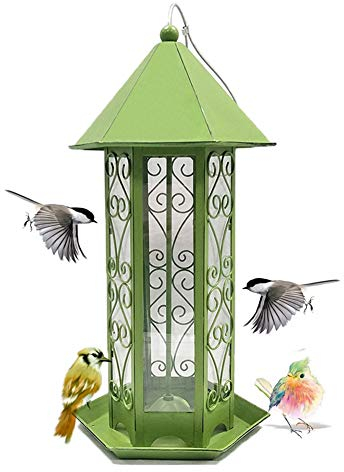 PJDDP Vogelfutterspender,Futterautomat Zum Hängen,Vogelfutterhaus,Vogelfutterstation,Futterstelle Futterstation, Garden Futtersäule Für Kleine Bis Mittelgroße Vögel,Aus Kunststoff/Metall,Grün 38Cm
