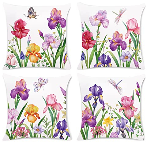 Bonhause Garden Floral Cushion Covers 45 x 45 cm Narcissus Iris Flower Decorative Throw Pillow Covers for Sofa Bed Patio Spring Summer Decor Set of 4