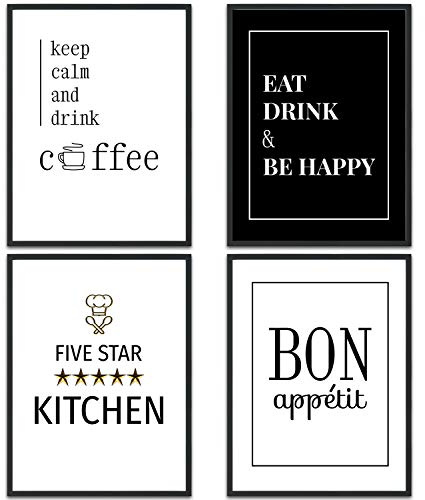 MUUDLY® Premium Poster Set, Moderne Wandbilder mit Sprüchen als Wohnzimmer und Schlafzimmer Deko, Sprüche und Zitate, 4 x DIN A4 Bilder (Küche, ohne Rahmen)