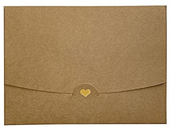 JoliCoon 3 Briefumschläge DIN A6 Natur mit goldenem Herz veredelt | Steckverschluss, ohne Fenster, 15,4 × 11 cm, für Grußkarten und Einladungen