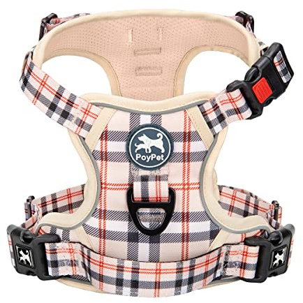 PoyPet Keine Pull Hundegeschirr Front Reflektierende Pet Weste für Hunde mit Einfache Kontrolle Griff und Rückseite perfekt für den täglichen Training, Walken, Running(Kariertes Beige,XL)