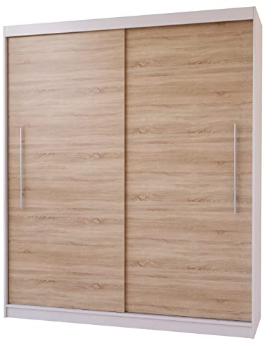 Fabryka Mebli Idźczak Kleiderschrank, Wohnzimmerschrank - Sonoma, Weiß Schwebetürenschrank, Schlafzimmerschrank - 58 x 203 x 218 cm - Schrank für Schlafzimmer, Wohnzimmer, Garderobe, modern