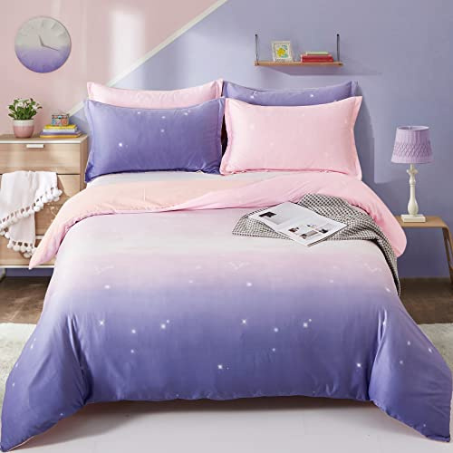 DJY Purple Bedding Set Pink Gradient Duvet Cover Rainbow Quilt Cover Pillowcase with Zipper Closure for Kids Girls Teens Adults (Single Size 135x200cm)