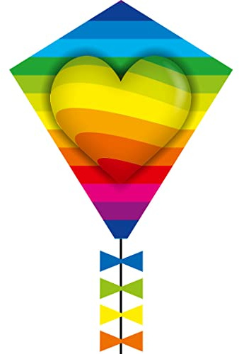 HQ Design Ecoline Eddy 50cm Kinderdrachen Flugdrachen Einleiner ab 5 Jahre, 50x45cm+2.5m Drachenschwanz inkl. 10kp Polyesterschnur 25m auf Griff, 2-5 Bft (Rainbow Heart)