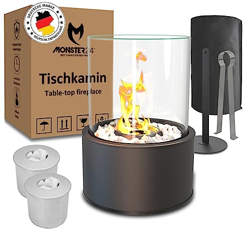 Monster24 Einzigartiger Tischkamin L mit Abdeckhaube 36x26x26 cm | Tischfeuer inkl. Dekosteine und 2 Brennkammern für unendliche Brenndauer | Bio Ethanol Kamin Indoor Outdoor | Terassenfeuer | Balkon