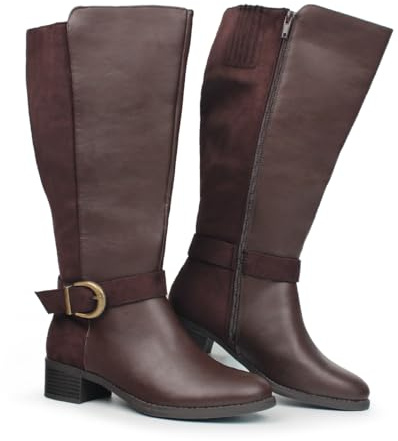Hawkwell Women's Extra Wide Calf Pull On Side Zipper Knee High Boots, Brown PU, 9 M US