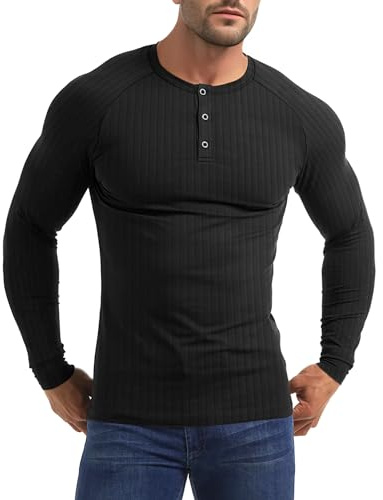 Yewloch Camisa Henley Manga Larga/Corta Hombre，Camiseta Algodón Hombre，Corte Ajustado músculo Shirt Color Negro XL