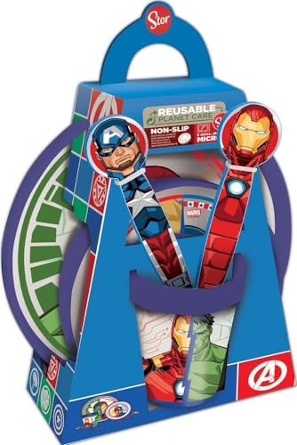 Tataway Juego de comida Marvel de plástico rojo y azul, 5 piezas, Vengadores, Hulk, Iron Man, Capitán América, Capitán Marvel, platos, vasos y cubiertos