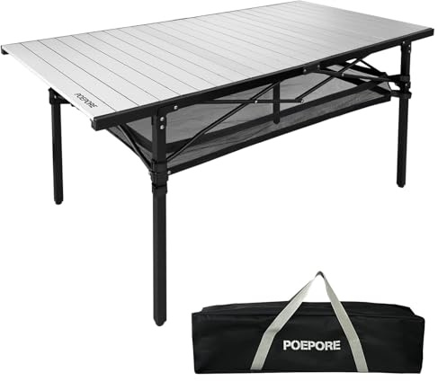 POEPORE Campingtisch Klappbar Aluminium Groß Gartentisch für 4-6 Personen Outdoor Klapptisch Faltbar Rolltisch Reisetisch mit Netztasche Aufbewahrungstasche 139 x 70 x 70cm bis 80kg Silber