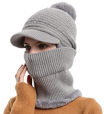AMDOLE Wintermütze für Herren, Strickmütze, warme Mütze, Wollmütze, Schal, integrierte Pulloverkappe, niedliche Outdoor-Ohrkappe, Strickmütze, Vögel in der Mütze, grau, Einheitsgröße